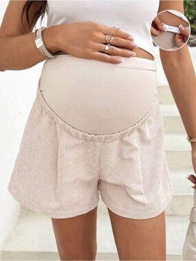 High-Waist Maternity Ribbed Beige Shorts with Over-Belly Panel